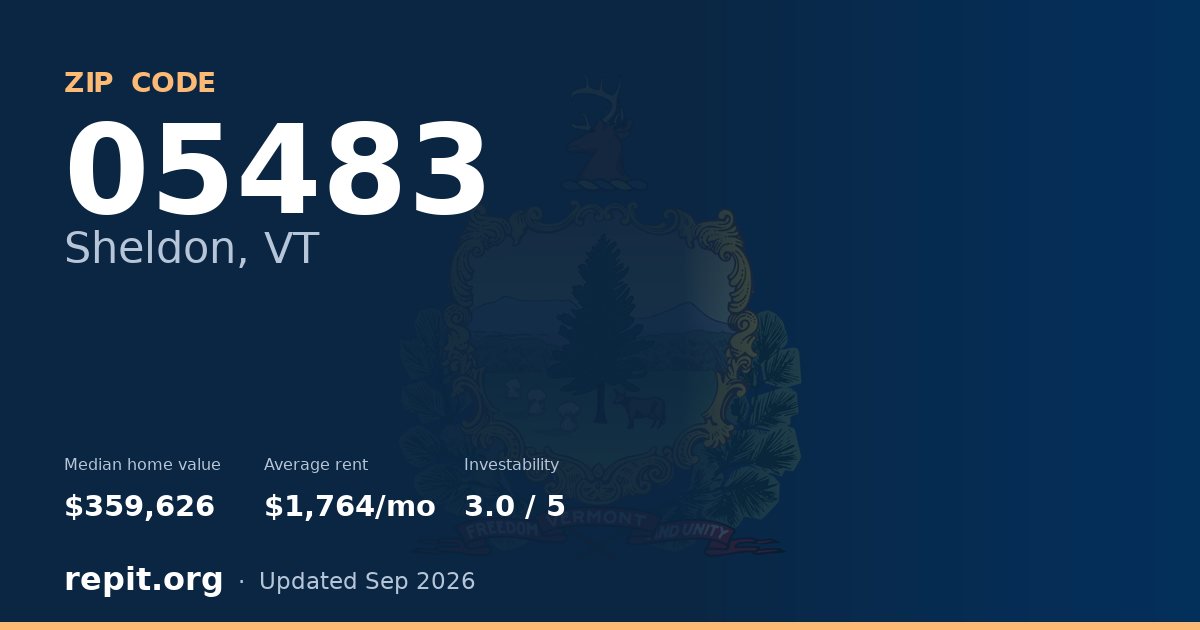 ZIP code 05483 (Sheldon, VT) — median home value $359,626, average rent $1,764/mo