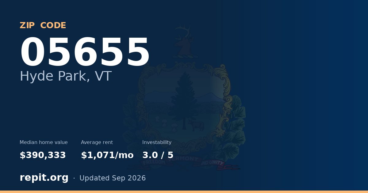 ZIP code 05655 (Hyde Park, VT) — median home value $390,333, average rent $1,071/mo