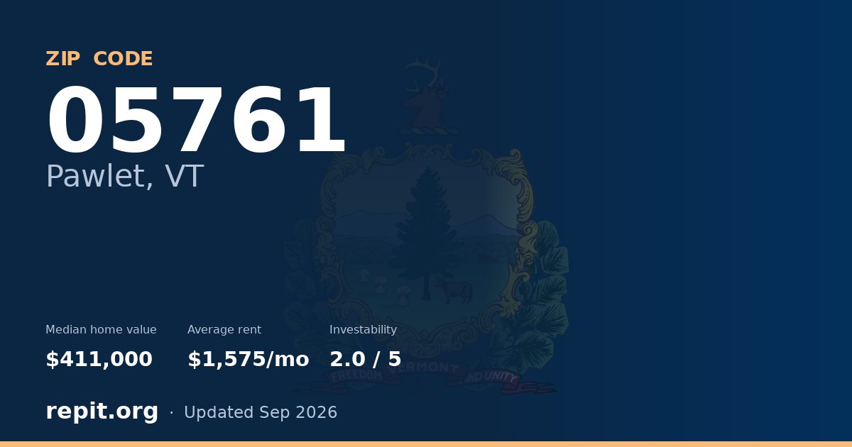 ZIP code 05761 (Pawlet, VT) — median home value $411,000, average rent $1,575/mo
