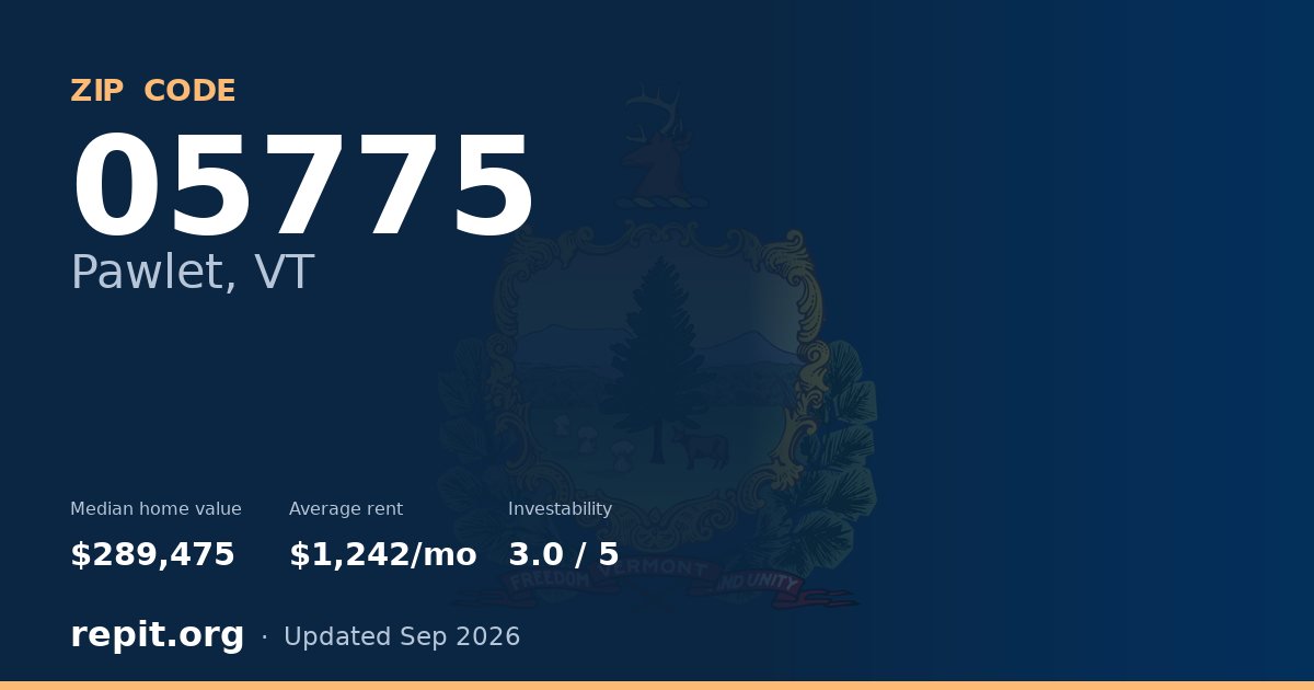 ZIP code 05775 (Pawlet, VT) — median home value $289,475, average rent $1,242/mo