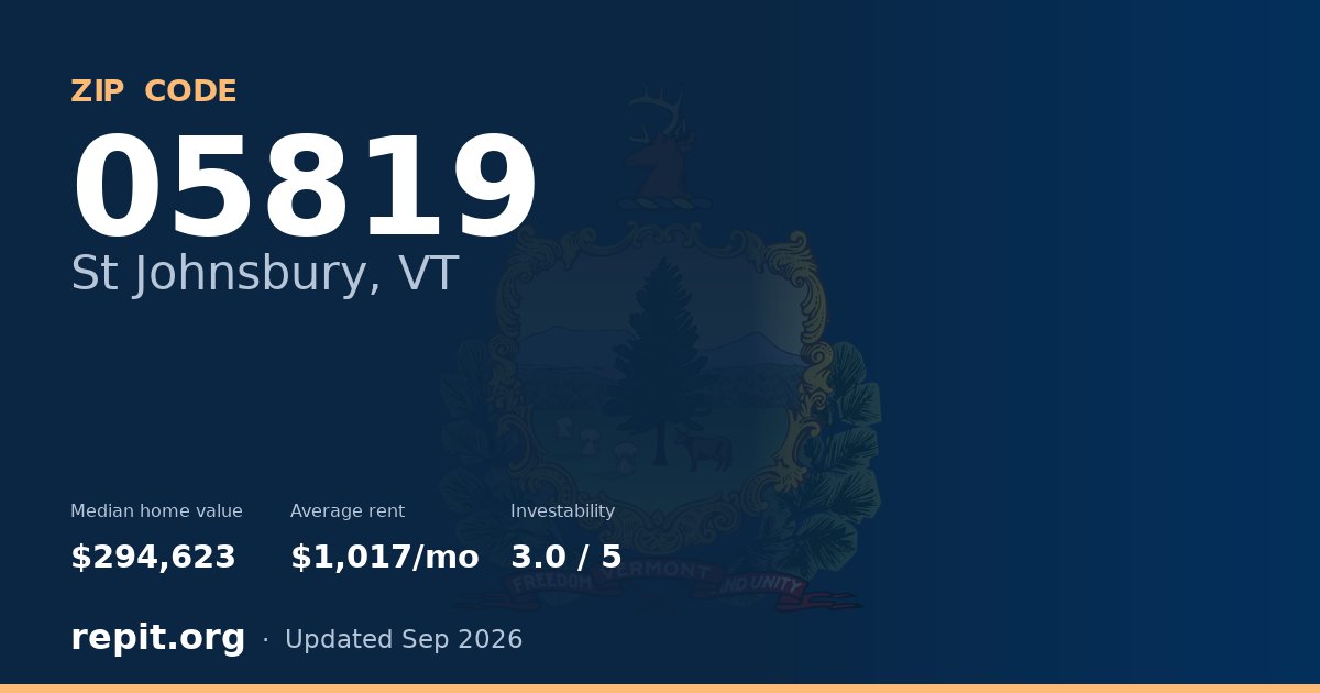 ZIP code 05819 (St Johnsbury, VT) — median home value $294,623, average rent $1,017/mo