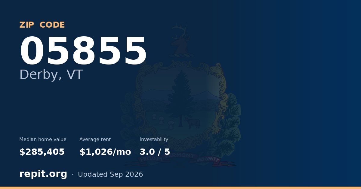 ZIP code 05855 (Derby, VT) — median home value $285,405, average rent $1,026/mo