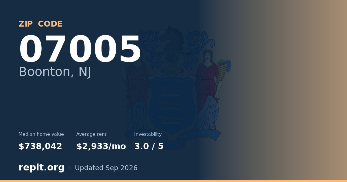 ZIP code 07005 (Boonton, NJ) — median home value $738,042, average rent $2,933/mo