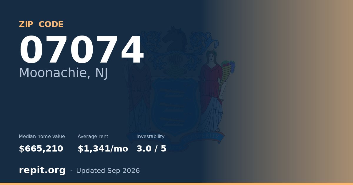 ZIP code 07074 (Moonachie, NJ) — median home value $665,210, average rent $1,341/mo