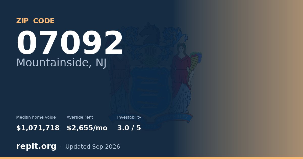 ZIP code 07092 (Mountainside, NJ) — median home value $1,071,718, average rent $2,655/mo