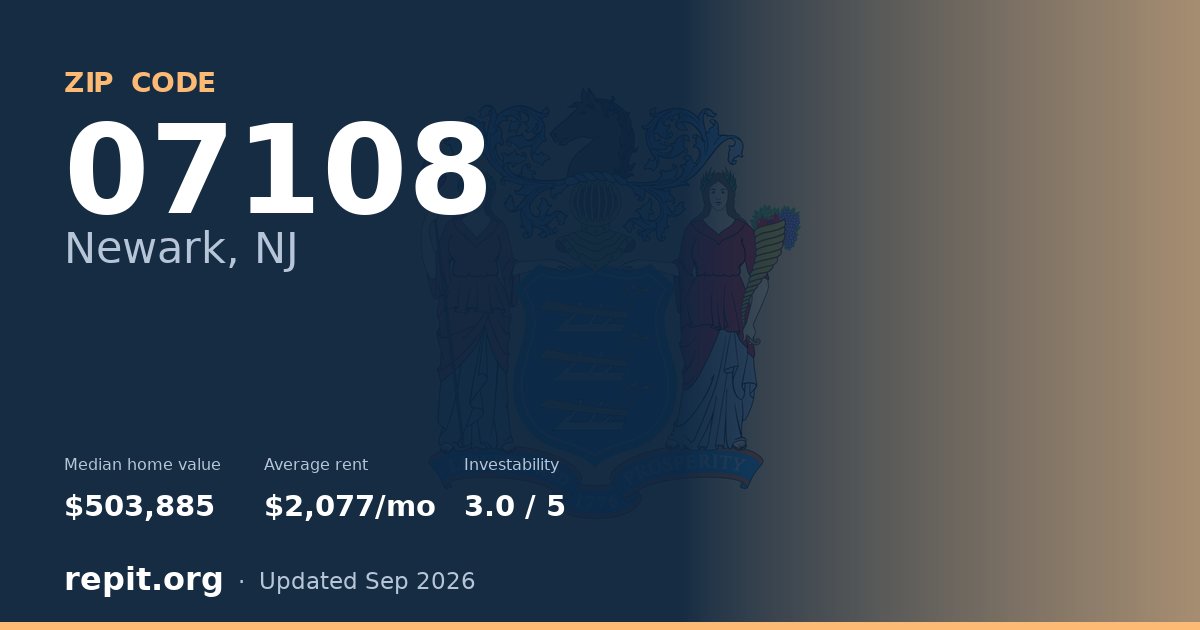 ZIP code 07108 (Newark, NJ) — median home value $503,885, average rent $2,077/mo