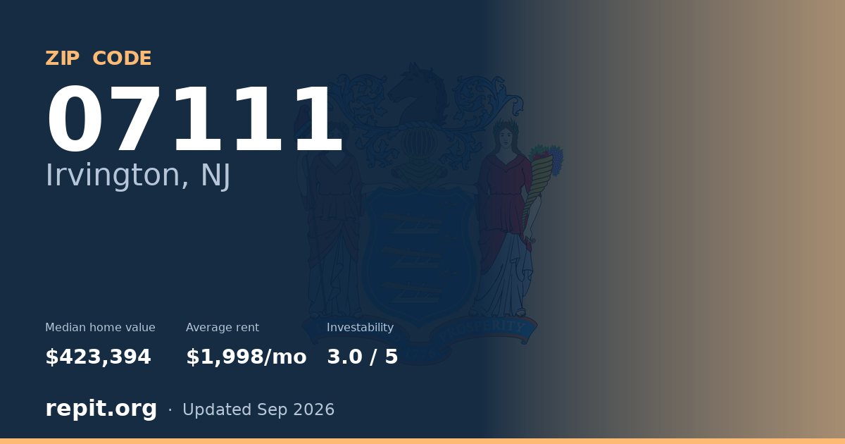 ZIP code 07111 (Irvington, NJ) — median home value $423,394, average rent $1,998/mo