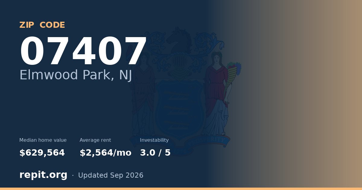 ZIP code 07407 (Elmwood Park, NJ) — median home value $629,564, average rent $2,564/mo