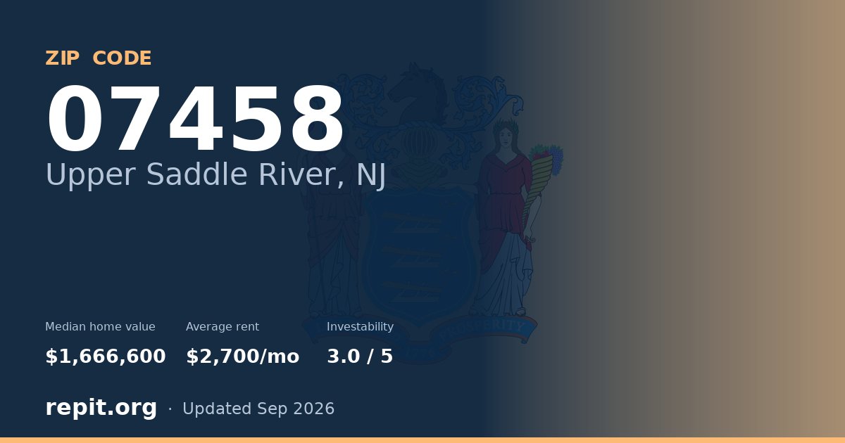 ZIP code 07458 (Upper Saddle River, NJ) — median home value $1,666,600, average rent $2,700/mo