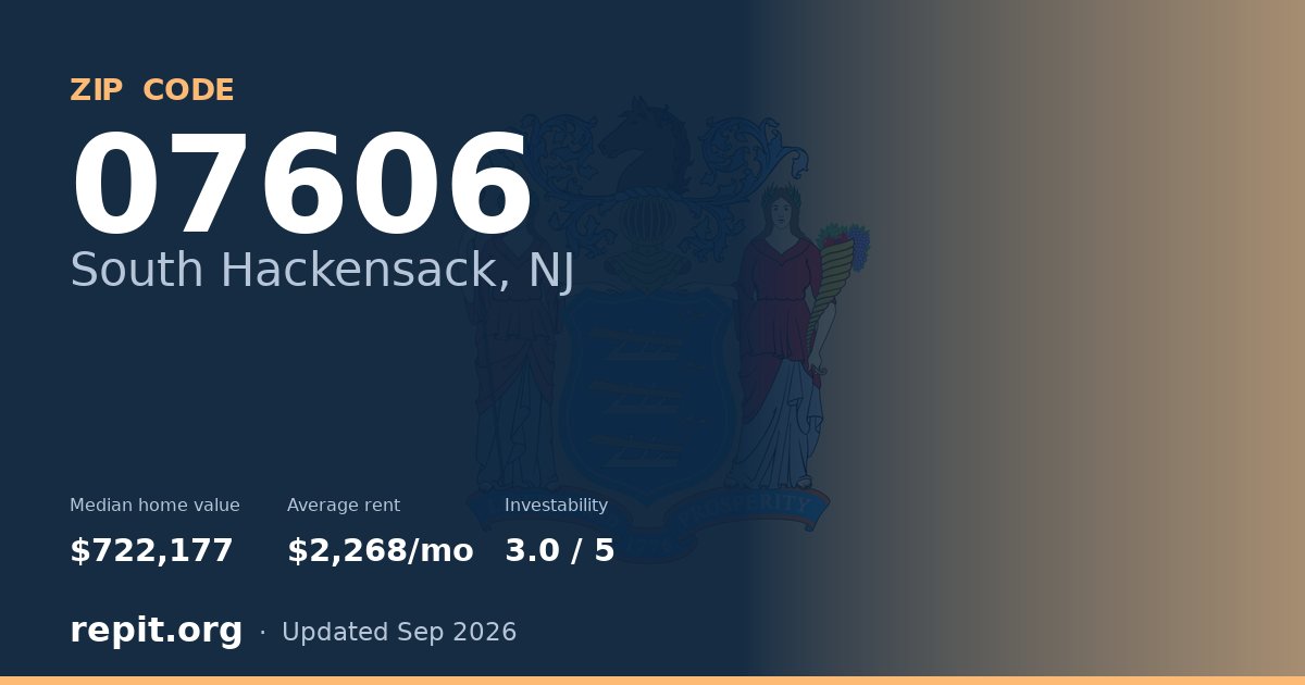 ZIP code 07606 (South Hackensack, NJ) — median home value $722,177, average rent $2,268/mo