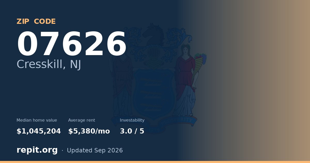 ZIP code 07626 (Cresskill, NJ) — median home value $1,045,204, average rent $5,380/mo