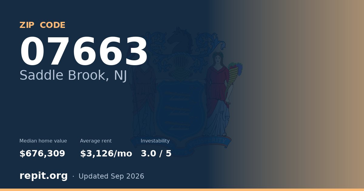 ZIP code 07663 (Saddle Brook, NJ) — median home value $676,309, average rent $3,126/mo