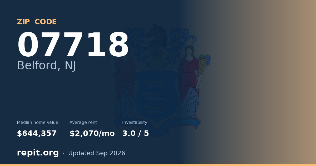 ZIP code 07718 (Belford, NJ) — median home value $644,357, average rent $2,070/mo