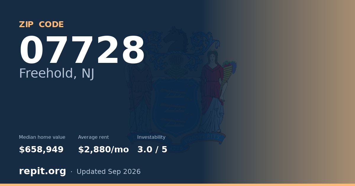 ZIP code 07728 (Freehold, NJ) — median home value $658,949, average rent $2,880/mo