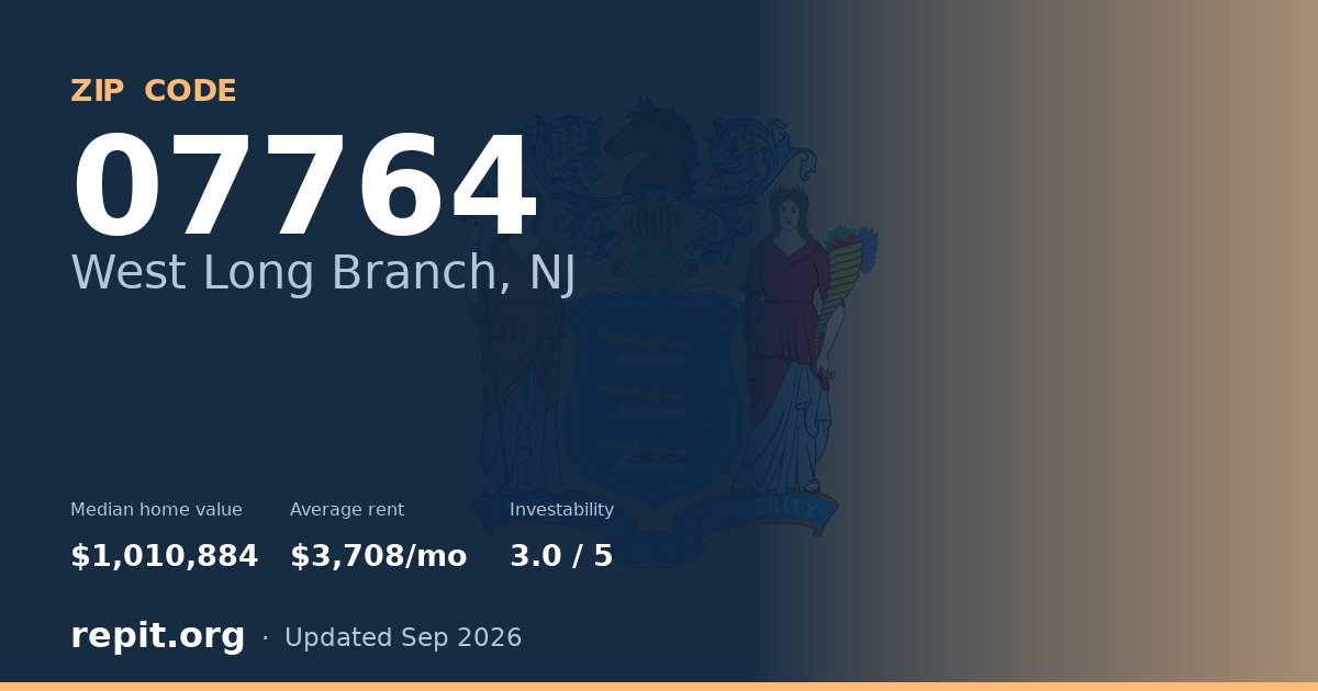 ZIP code 07764 (West Long Branch, NJ) — median home value $1,010,884, average rent $3,708/mo