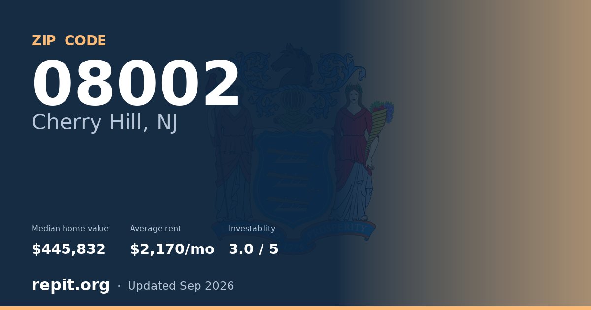 ZIP code 08002 (Cherry Hill, NJ) — median home value $445,832, average rent $2,170/mo