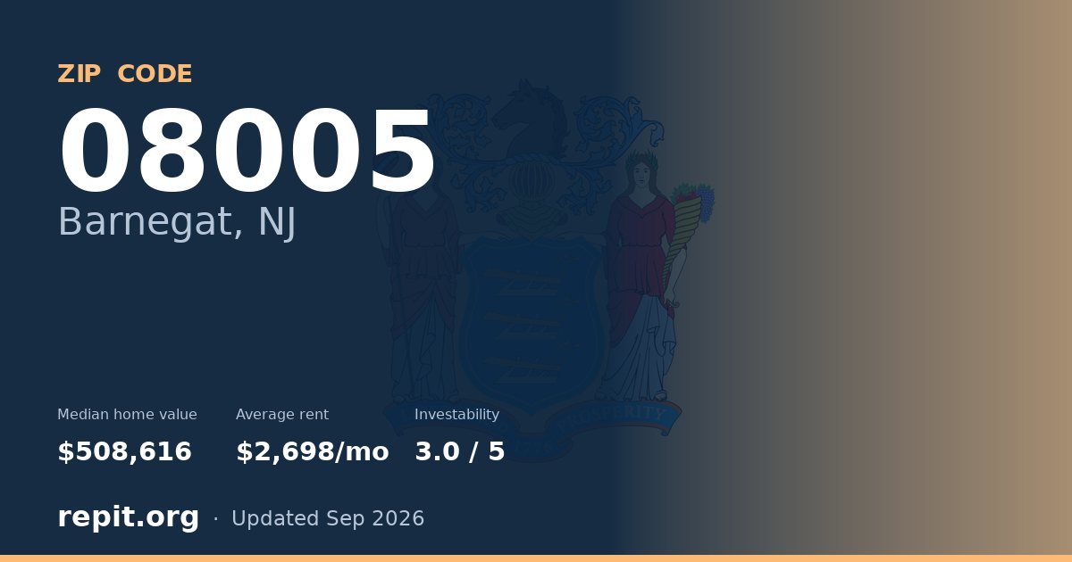ZIP code 08005 (Barnegat, NJ) — median home value $508,616, average rent $2,698/mo