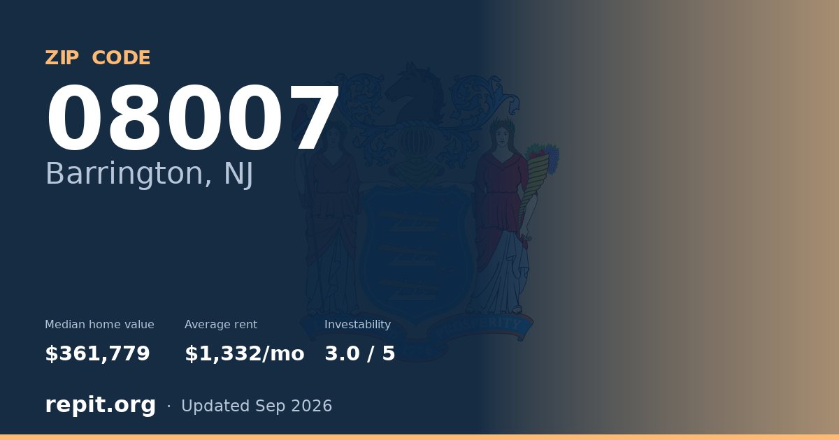 ZIP code 08007 (Barrington, NJ) — median home value $361,779, average rent $1,332/mo