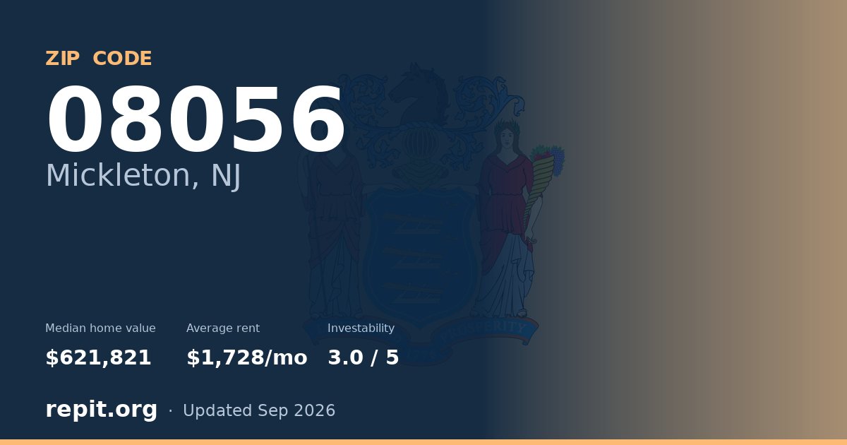 ZIP code 08056 (Mickleton, NJ) — median home value $621,821, average rent $1,728/mo