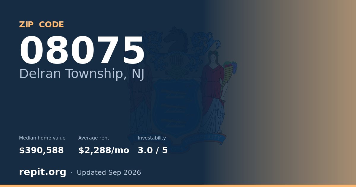 ZIP code 08075 (Delran Township, NJ) — median home value $390,588, average rent $2,288/mo