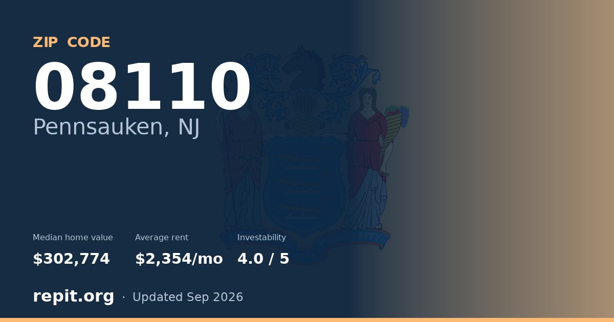 ZIP code 08110 (Pennsauken, NJ) — median home value $302,774, average rent $2,354/mo