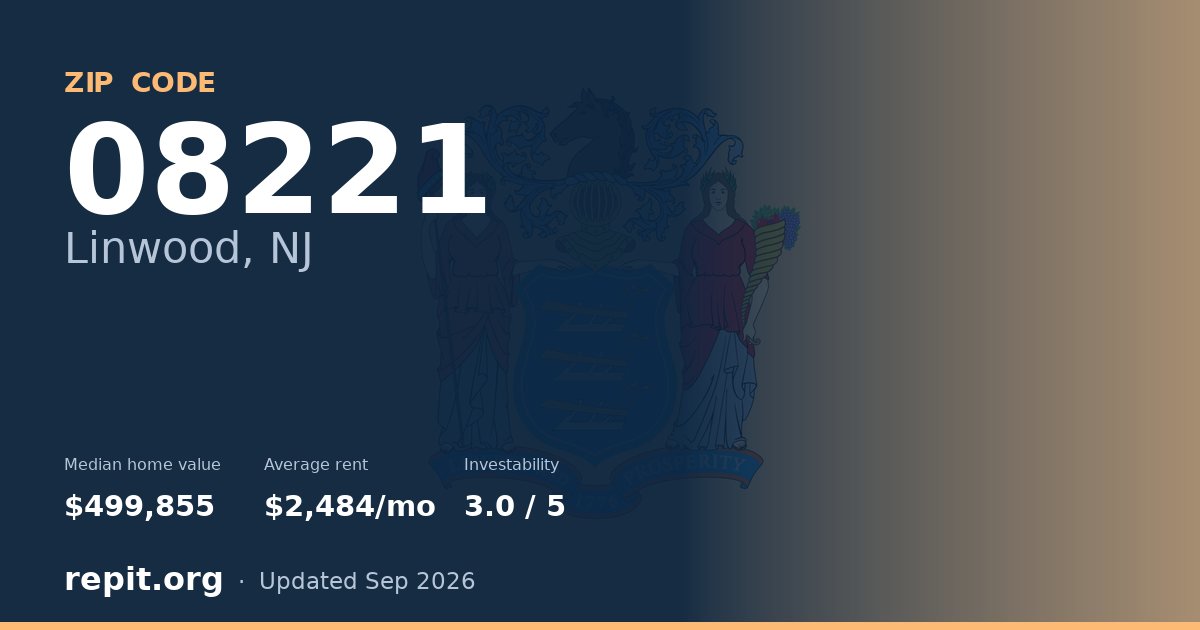 ZIP code 08221 (Linwood, NJ) — median home value $499,855, average rent $2,484/mo