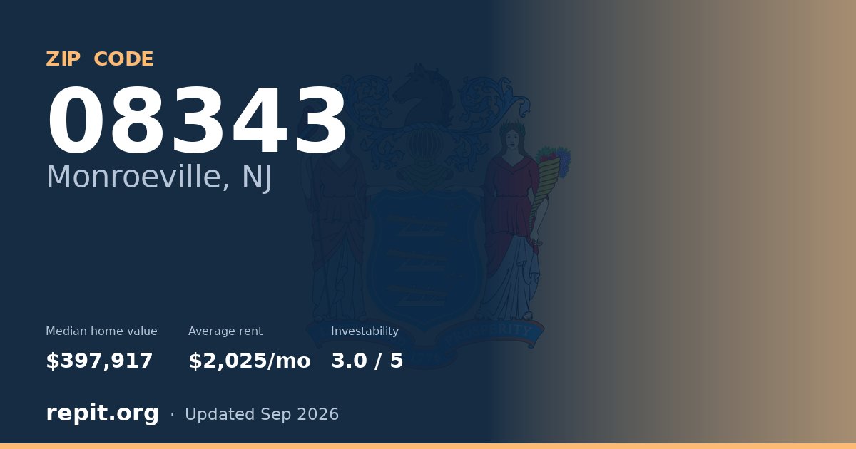 ZIP code 08343 (Monroeville, NJ) — median home value $397,917, average rent $2,025/mo