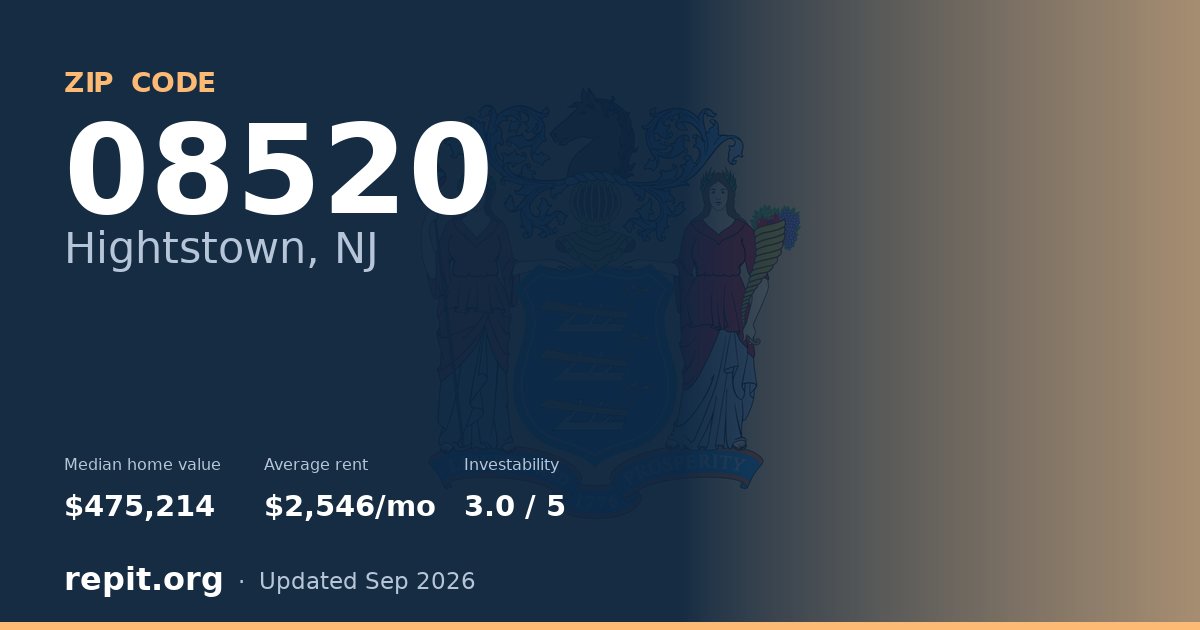ZIP code 08520 (Hightstown, NJ) — median home value $475,214, average rent $2,546/mo