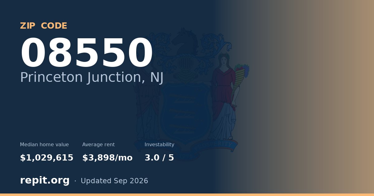 ZIP code 08550 (Princeton Junction, NJ) — median home value $1,029,615, average rent $3,898/mo