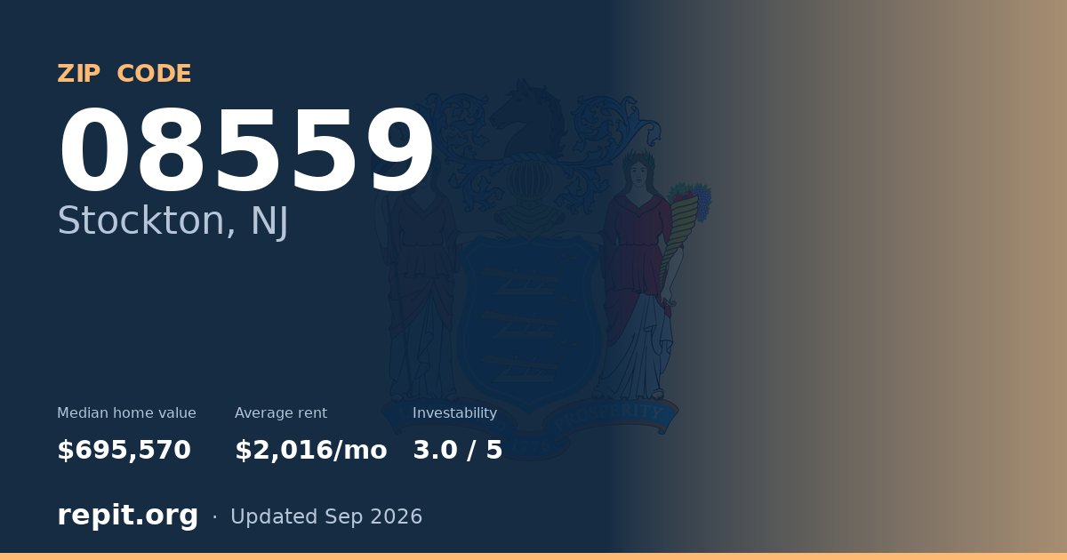 ZIP code 08559 (Stockton, NJ) — median home value $695,570, average rent $2,016/mo