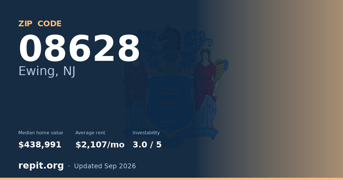 ZIP code 08628 (Ewing, NJ) — median home value $438,991, average rent $2,107/mo