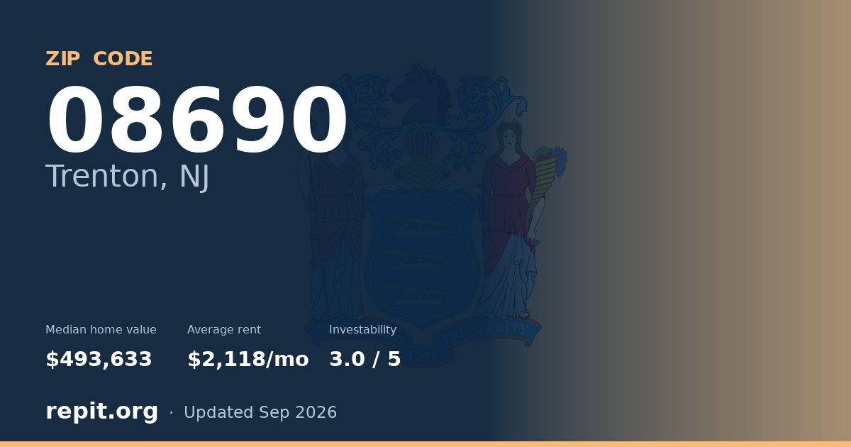 ZIP code 08690 (Trenton, NJ) — median home value $493,633, average rent $2,118/mo