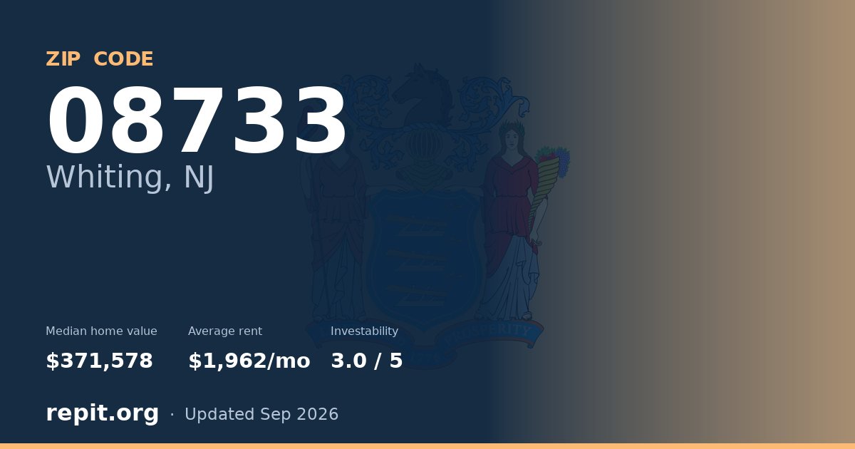 ZIP code 08733 (Whiting, NJ) — median home value $371,578, average rent $1,962/mo