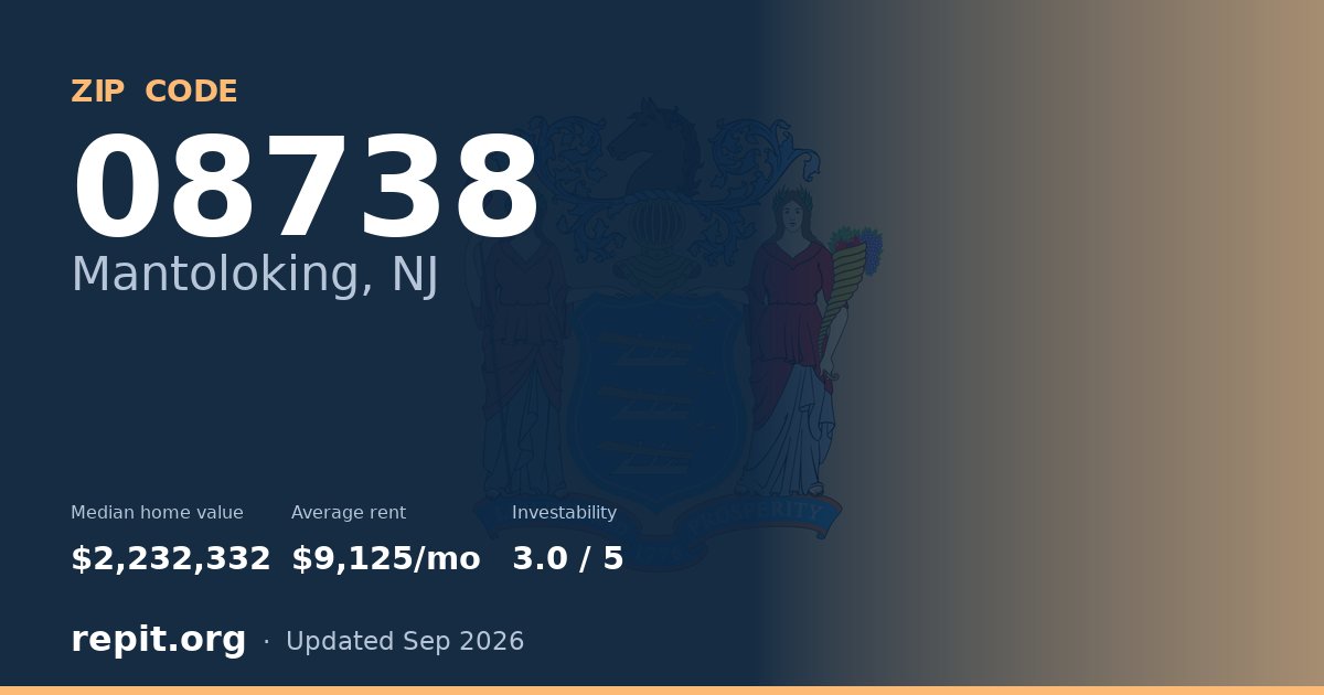 ZIP code 08738 (Mantoloking, NJ) — median home value $2,232,332, average rent $9,125/mo