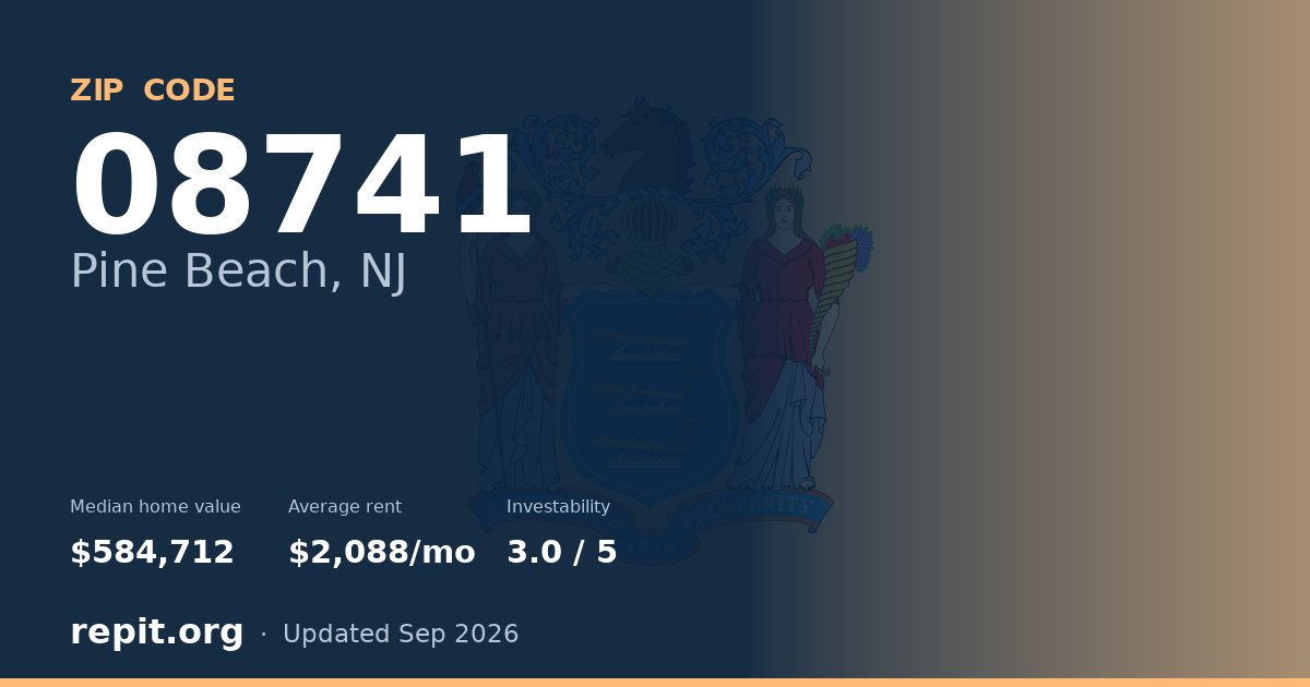 ZIP code 08741 (Pine Beach, NJ) — median home value $584,712, average rent $2,088/mo