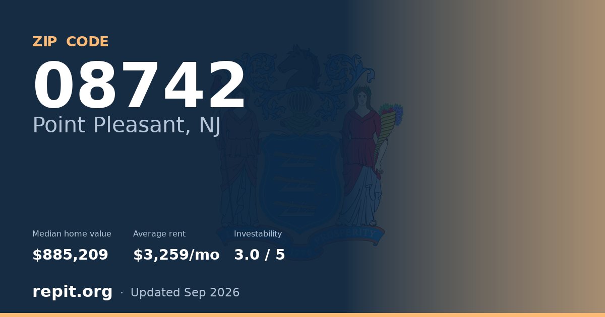 ZIP code 08742 (Point Pleasant, NJ) — median home value $885,209, average rent $3,259/mo