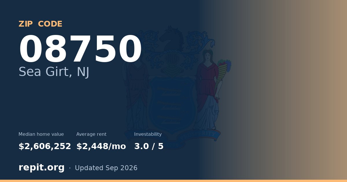 ZIP code 08750 (Sea Girt, NJ) — median home value $2,606,252, average rent $2,448/mo