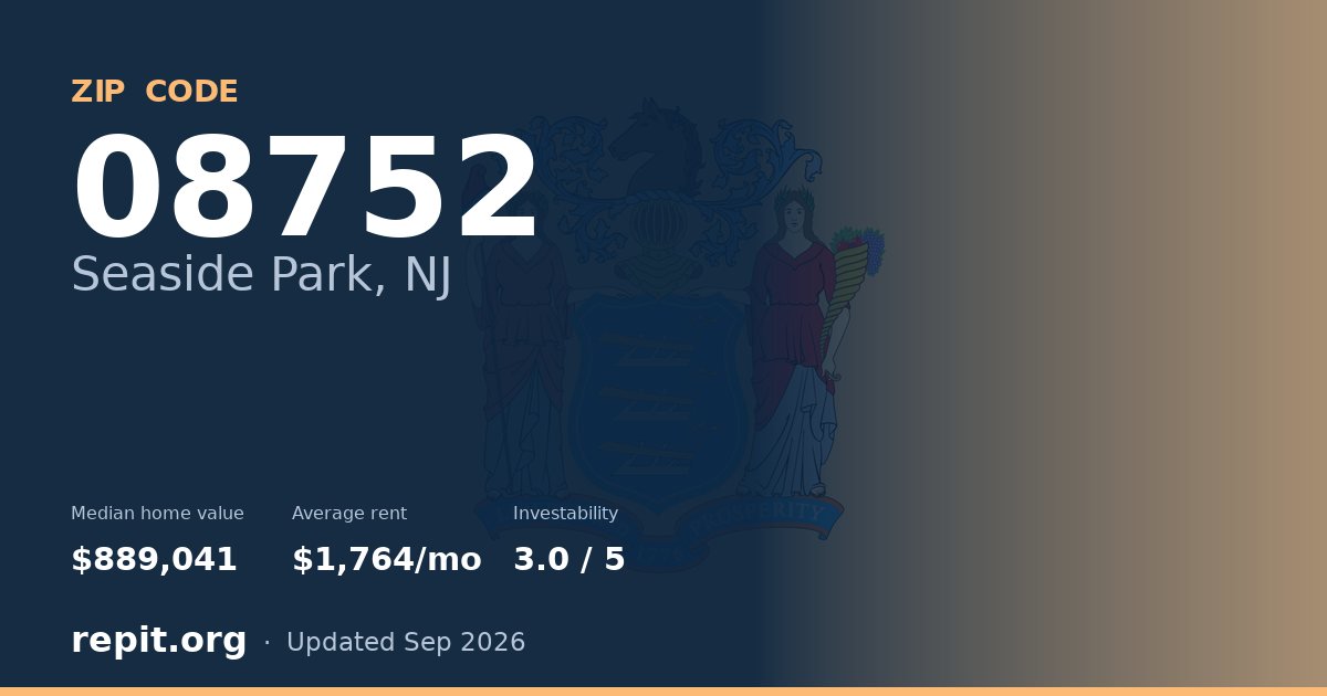 ZIP code 08752 (Seaside Park, NJ) — median home value $889,041, average rent $1,764/mo