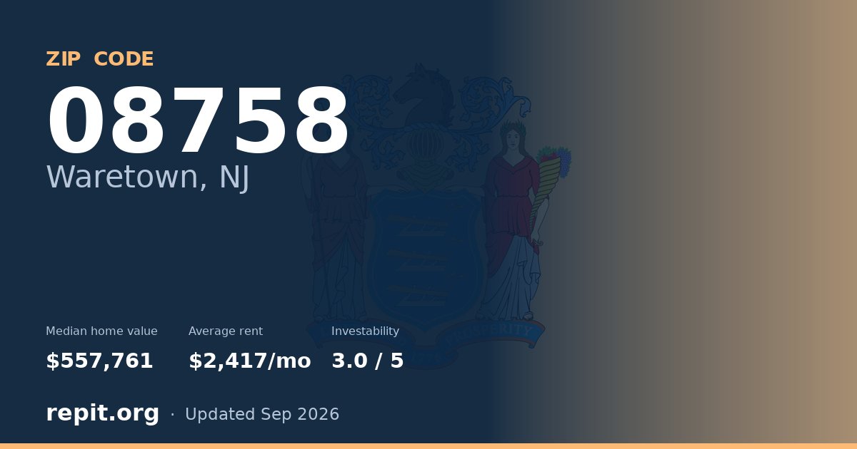 ZIP code 08758 (Waretown, NJ) — median home value $557,761, average rent $2,417/mo