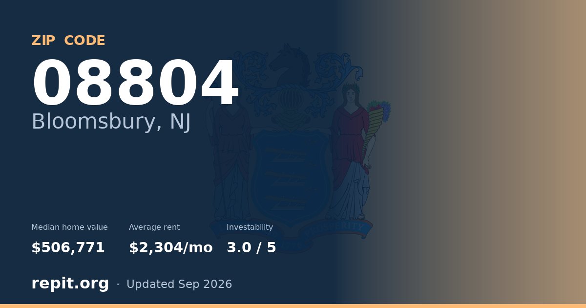 ZIP code 08804 (Bloomsbury, NJ) — median home value $506,771, average rent $2,304/mo