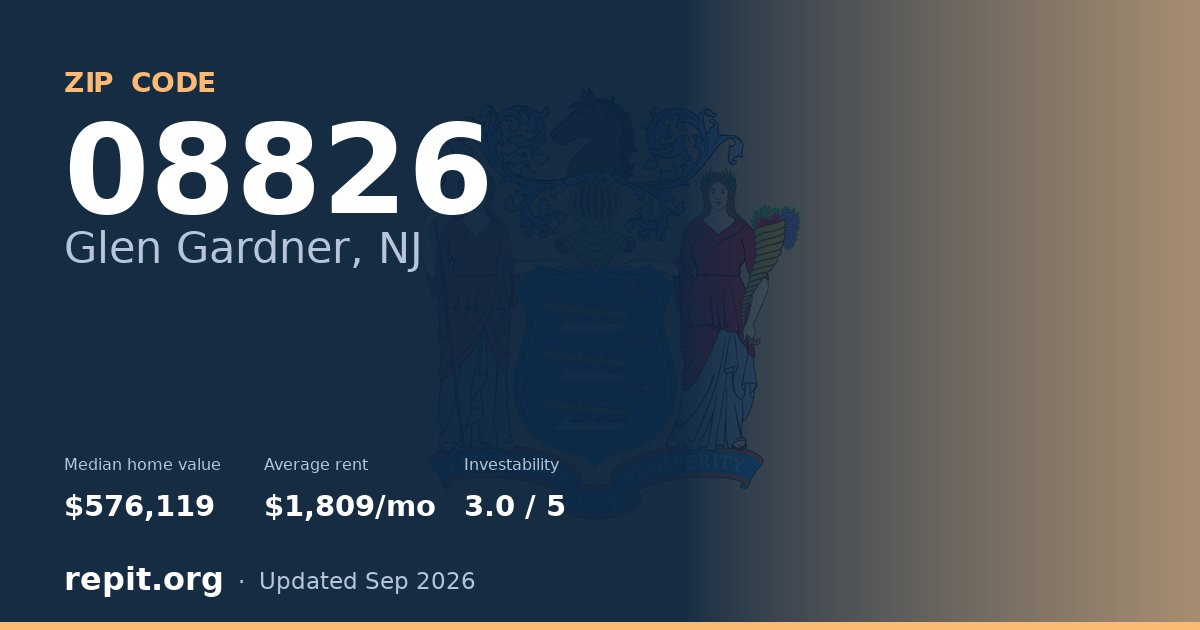 ZIP code 08826 (Glen Gardner, NJ) — median home value $576,119, average rent $1,809/mo