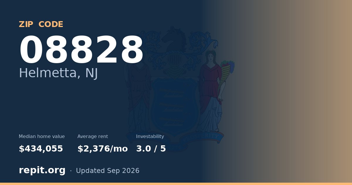 ZIP code 08828 (Helmetta, NJ) — median home value $434,055, average rent $2,376/mo