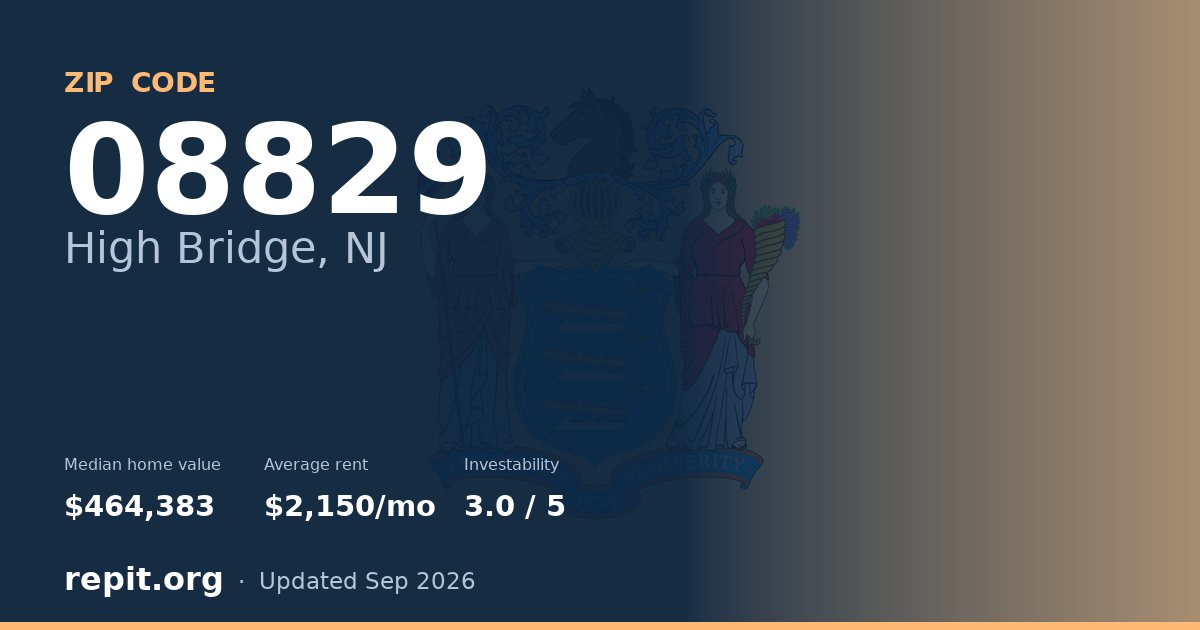 ZIP code 08829 (High Bridge, NJ) — median home value $464,383, average rent $2,150/mo