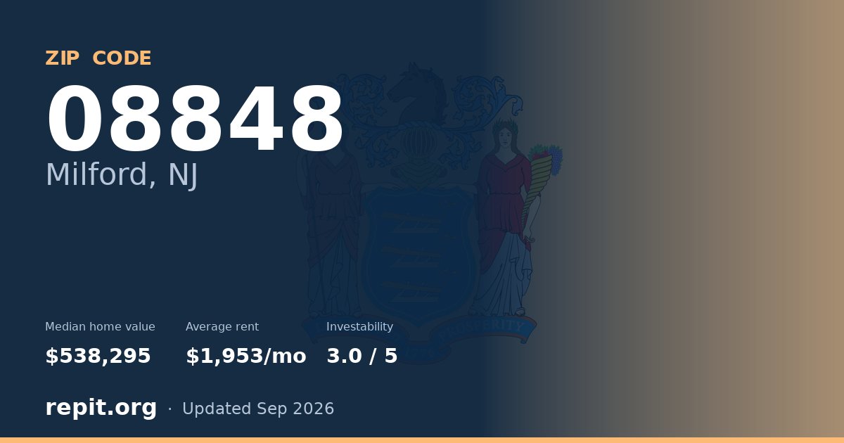 ZIP code 08848 (Milford, NJ) — median home value $538,295, average rent $1,953/mo