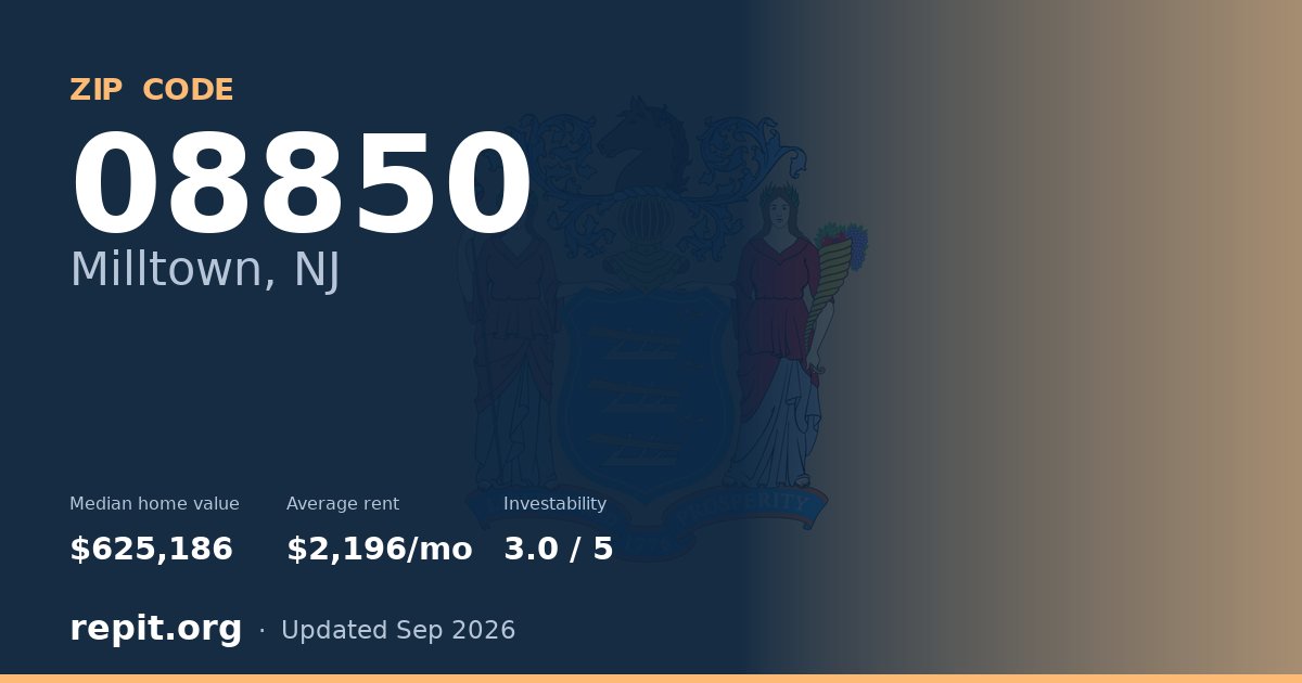 ZIP code 08850 (Milltown, NJ) — median home value $625,186, average rent $2,196/mo