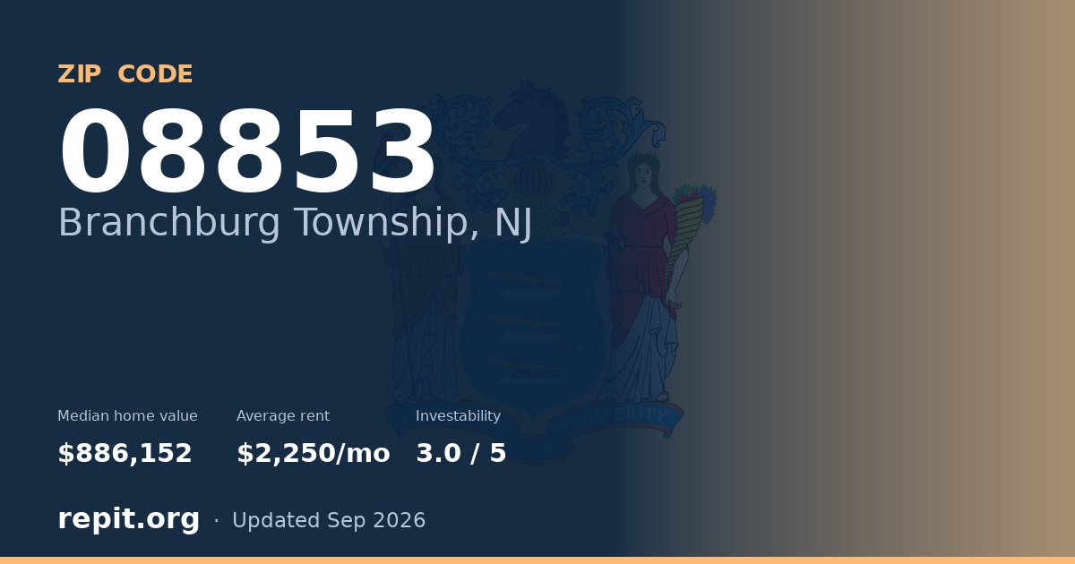 ZIP code 08853 (Branchburg Township, NJ) — median home value $886,152, average rent $2,250/mo
