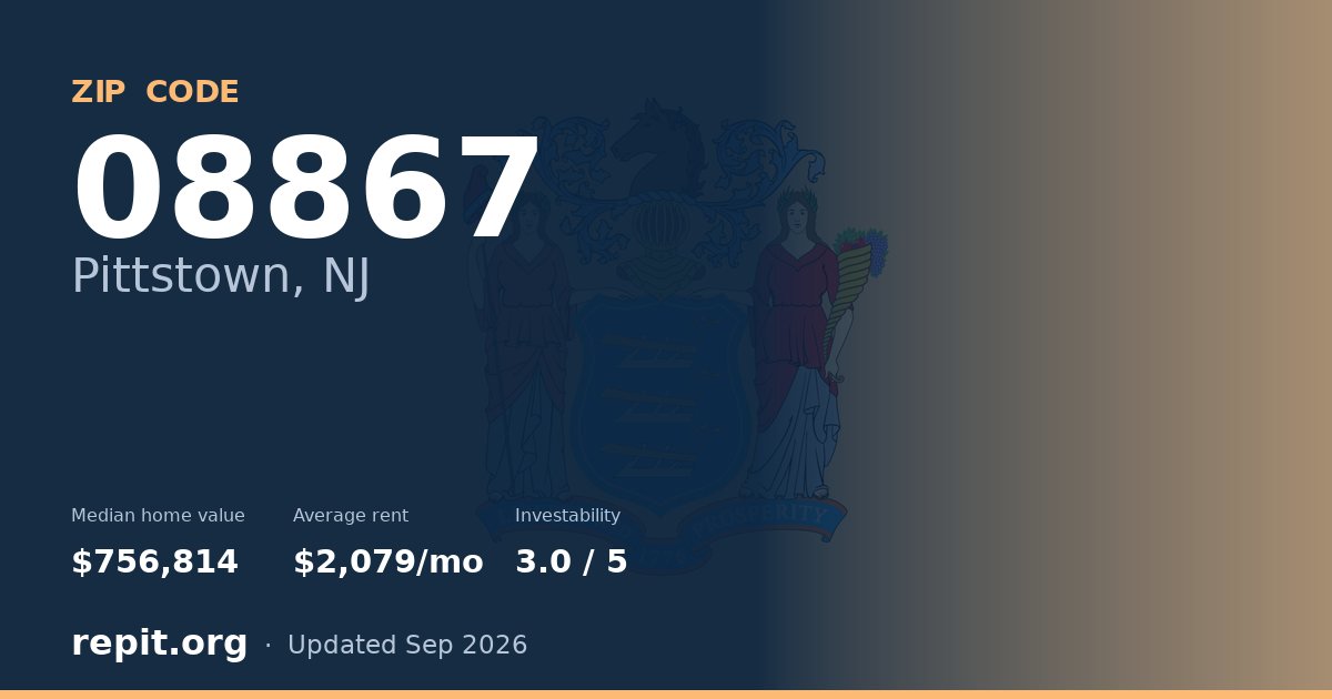ZIP code 08867 (Pittstown, NJ) — median home value $756,814, average rent $2,079/mo