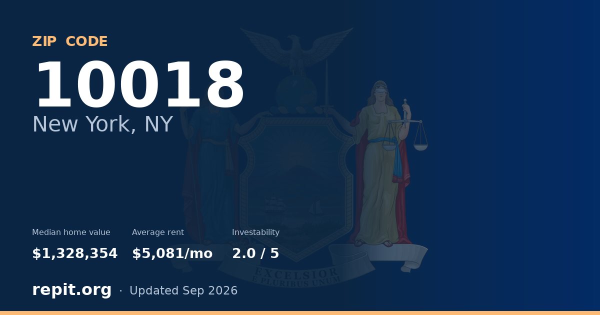 ZIP code 10018 (New York, NY) — median home value $1,328,354, average rent $5,081/mo