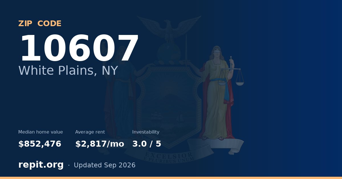 ZIP code 10607 (White Plains, NY) — median home value $852,476, average rent $2,817/mo