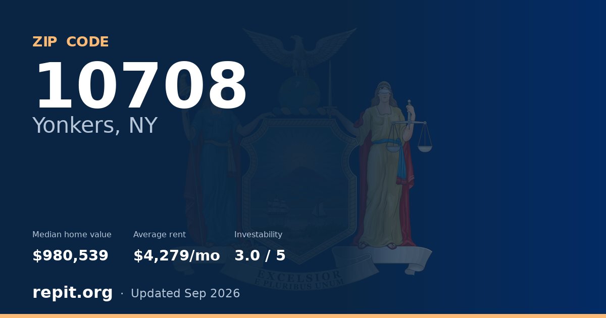ZIP code 10708 (Yonkers, NY) — median home value $980,539, average rent $4,279/mo